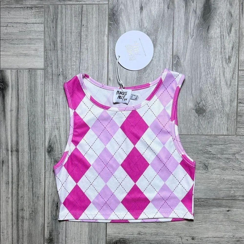 Princess Polly Pink and White Argyle Tank Top